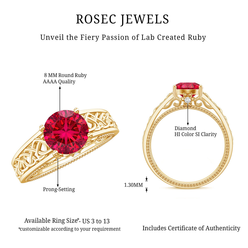 Vintage Style Created Ruby Celtic Knot Band Ring with Surprise Diamond