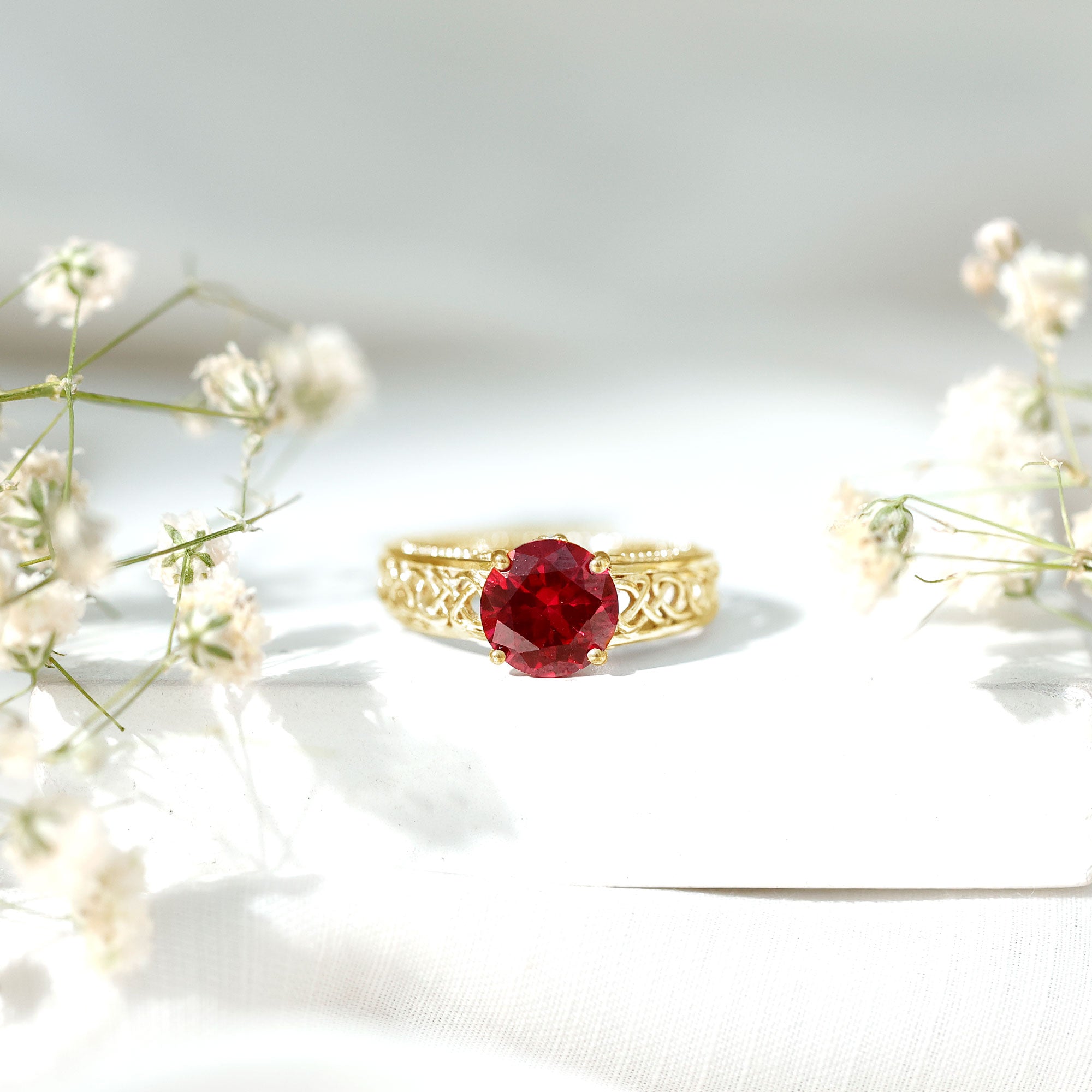 Vintage Style Created Ruby Celtic Knot Band Ring with Surprise Diamond
