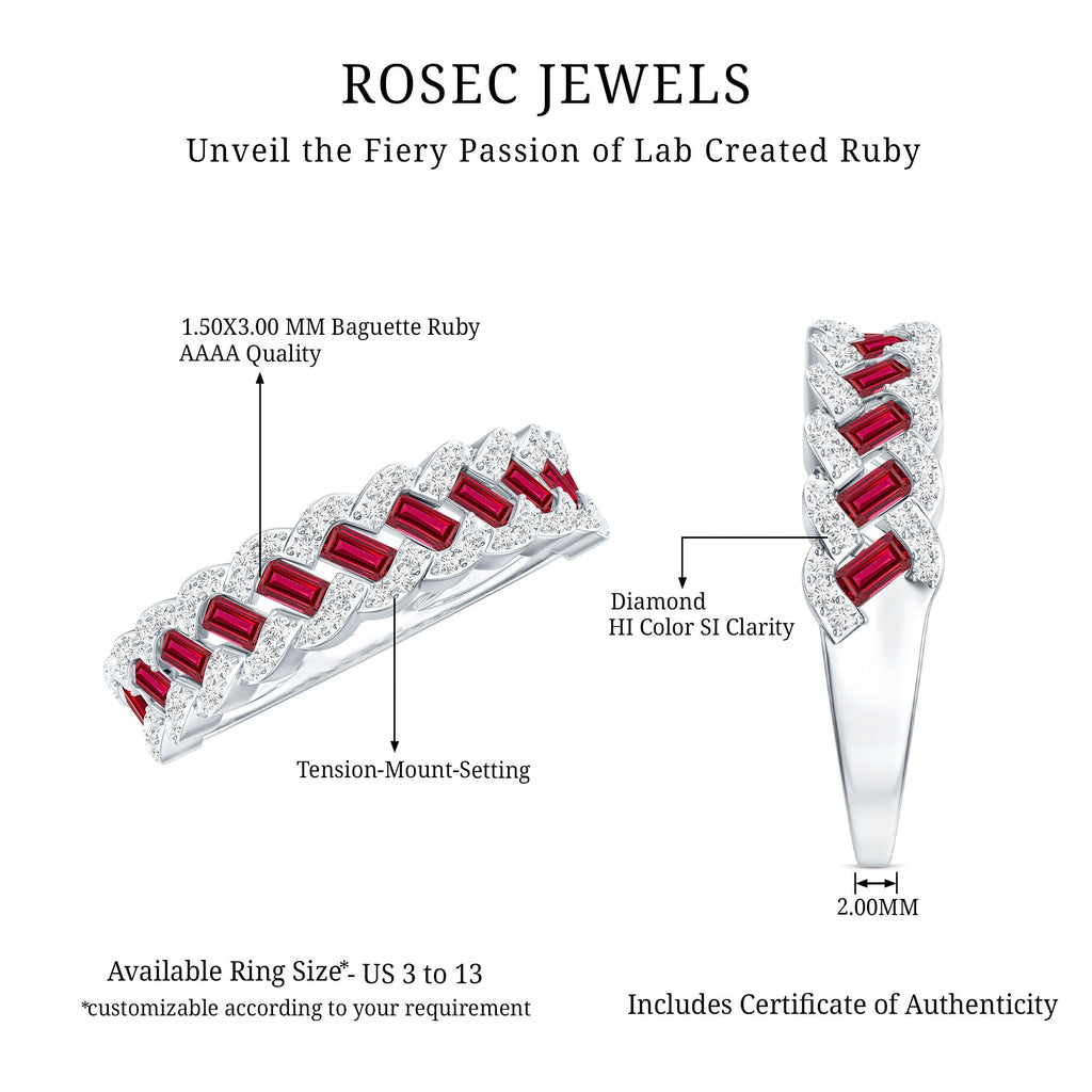 Baguette Created Ruby Braided Eternity Band Ring with Diamond