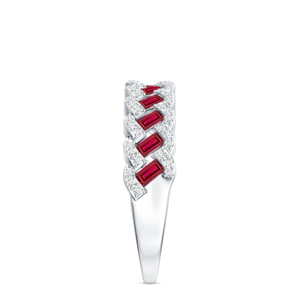 Baguette Created Ruby Braided Eternity Band Ring with Diamond