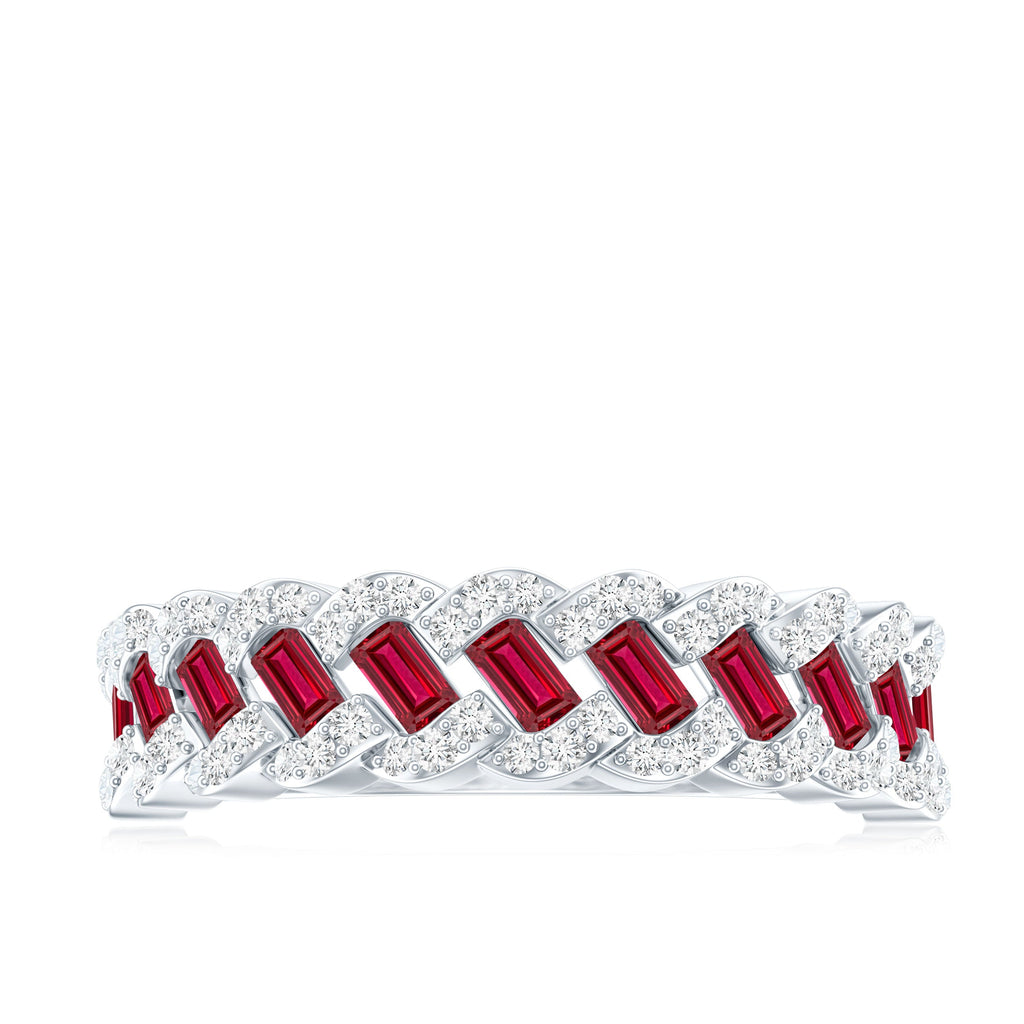 Baguette Created Ruby Braided Eternity Band Ring with Diamond