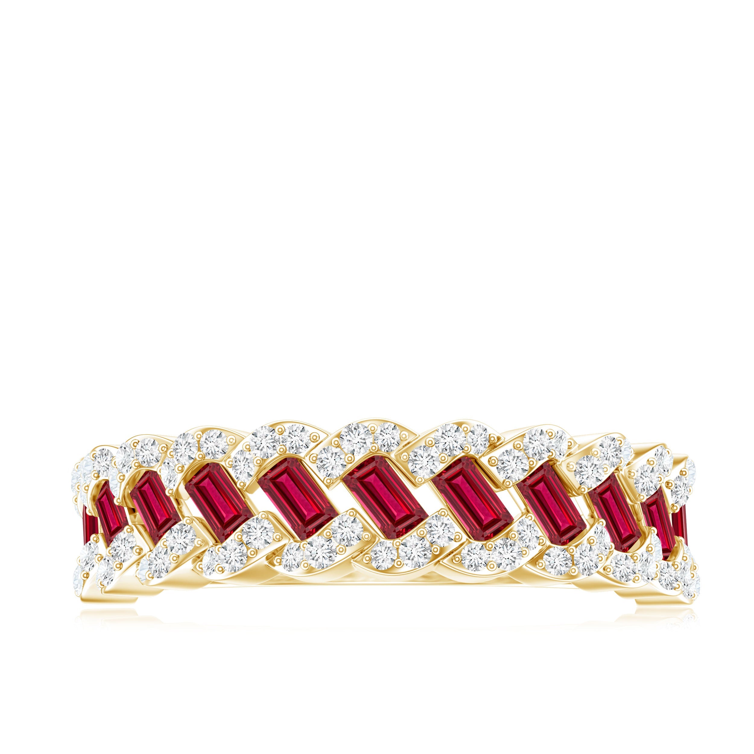 Baguette Created Ruby Braided Eternity Band Ring with Diamond