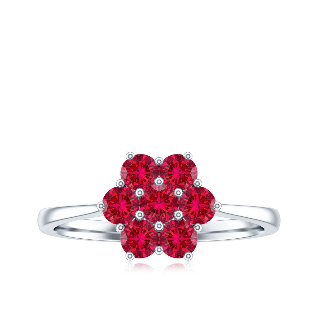 Certified Round Cut Lab Created Ruby Cluster Flower Ring