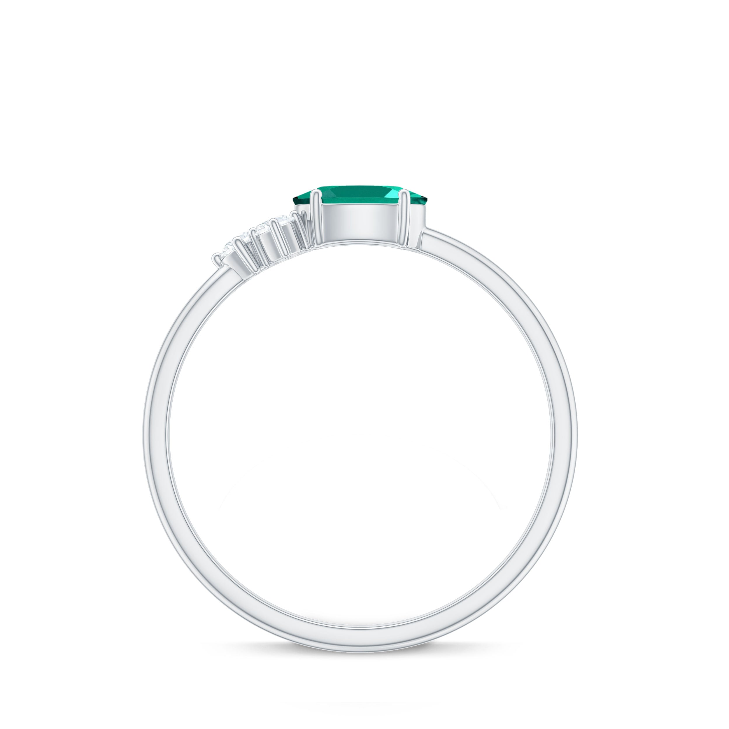 East West Style Oval Lab Grown Emerald Promise Ring with Diamond Trio