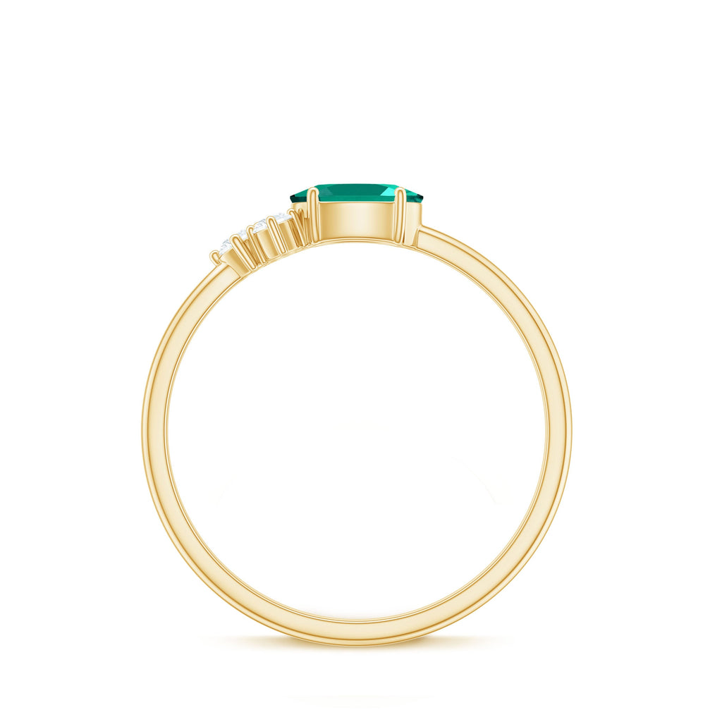 East West Style Oval Lab Grown Emerald Promise Ring with Diamond Trio
