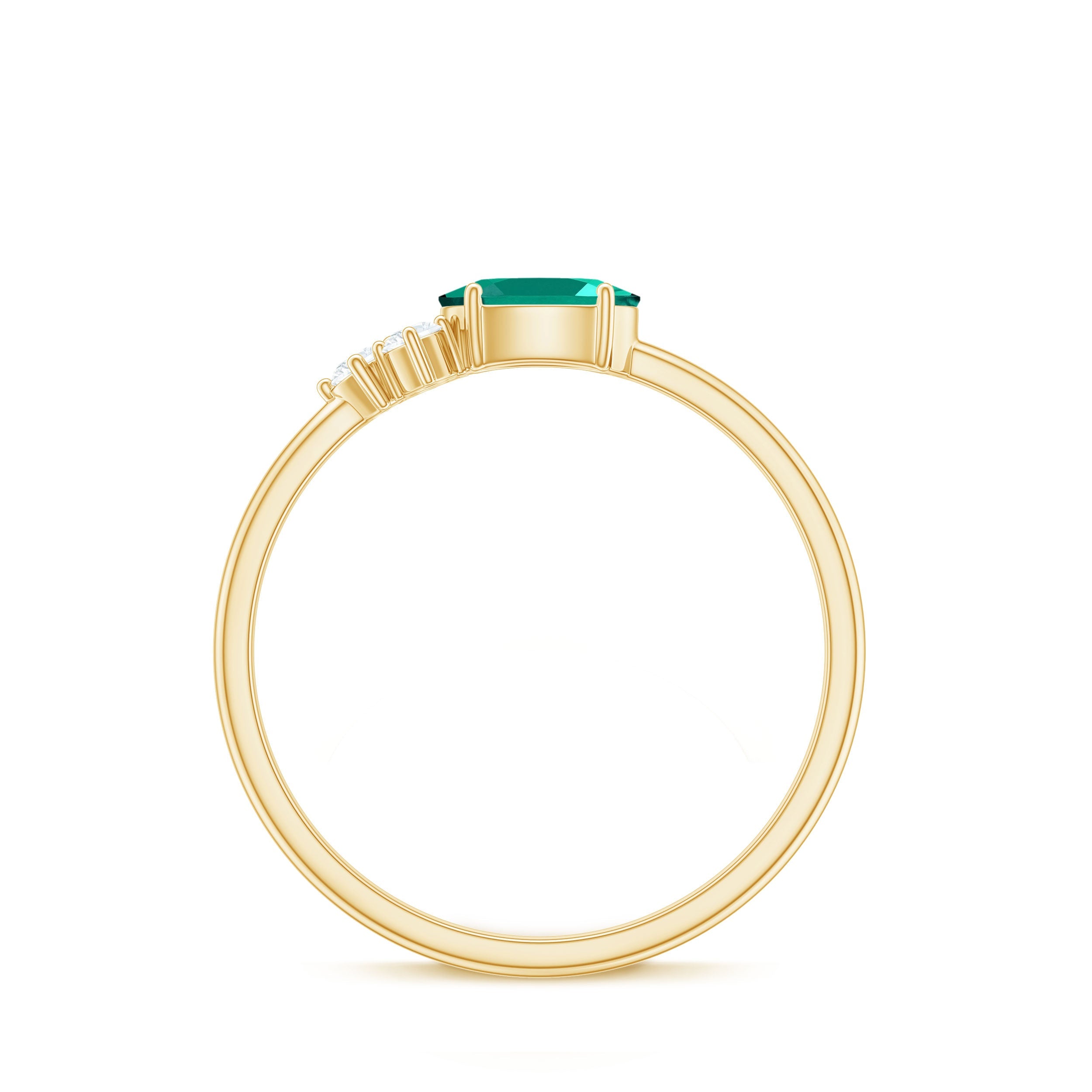 East West Style Oval Lab Grown Emerald Promise Ring with Diamond Trio