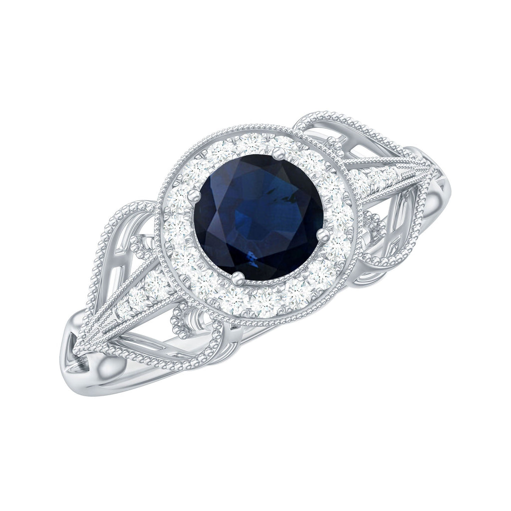 Vintage Looking Blue Sapphire with Diamond Halo Engagement Ring