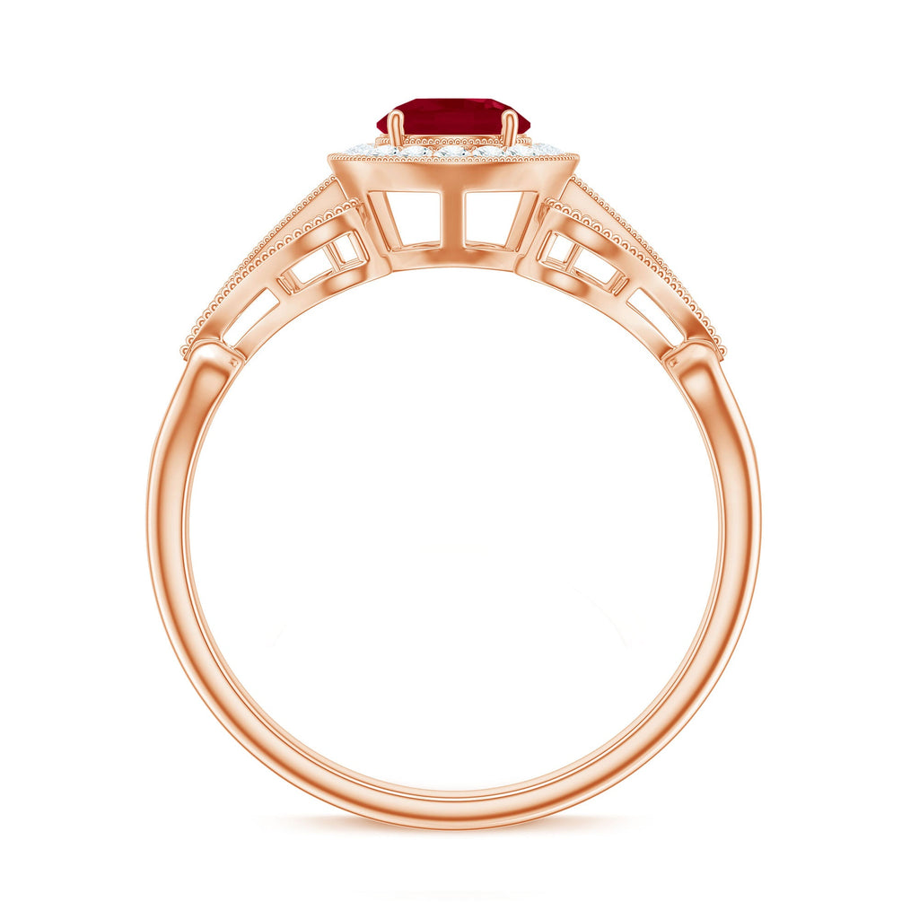 Natural 0.6 Carat Ruby Retro Engagement Ring with Diamond Halo