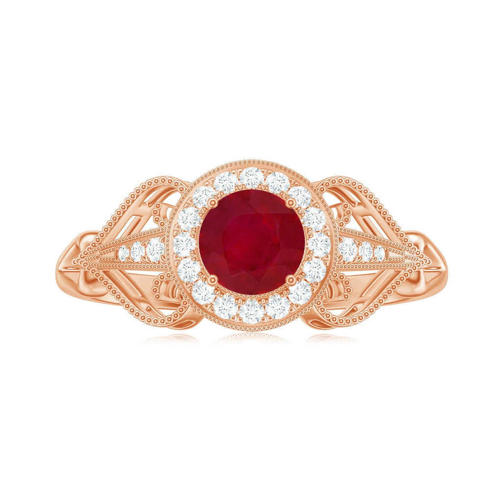 Natural 0.6 Carat Ruby Retro Engagement Ring with Diamond Halo