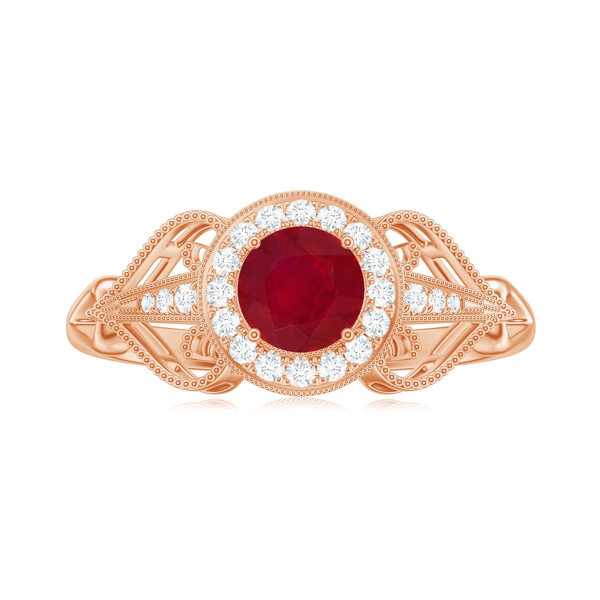 Natural 0.6 Carat Ruby Retro Engagement Ring with Diamond Halo