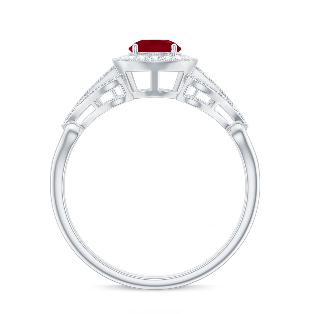 Natural 0.6 Carat Ruby Retro Engagement Ring with Diamond Halo