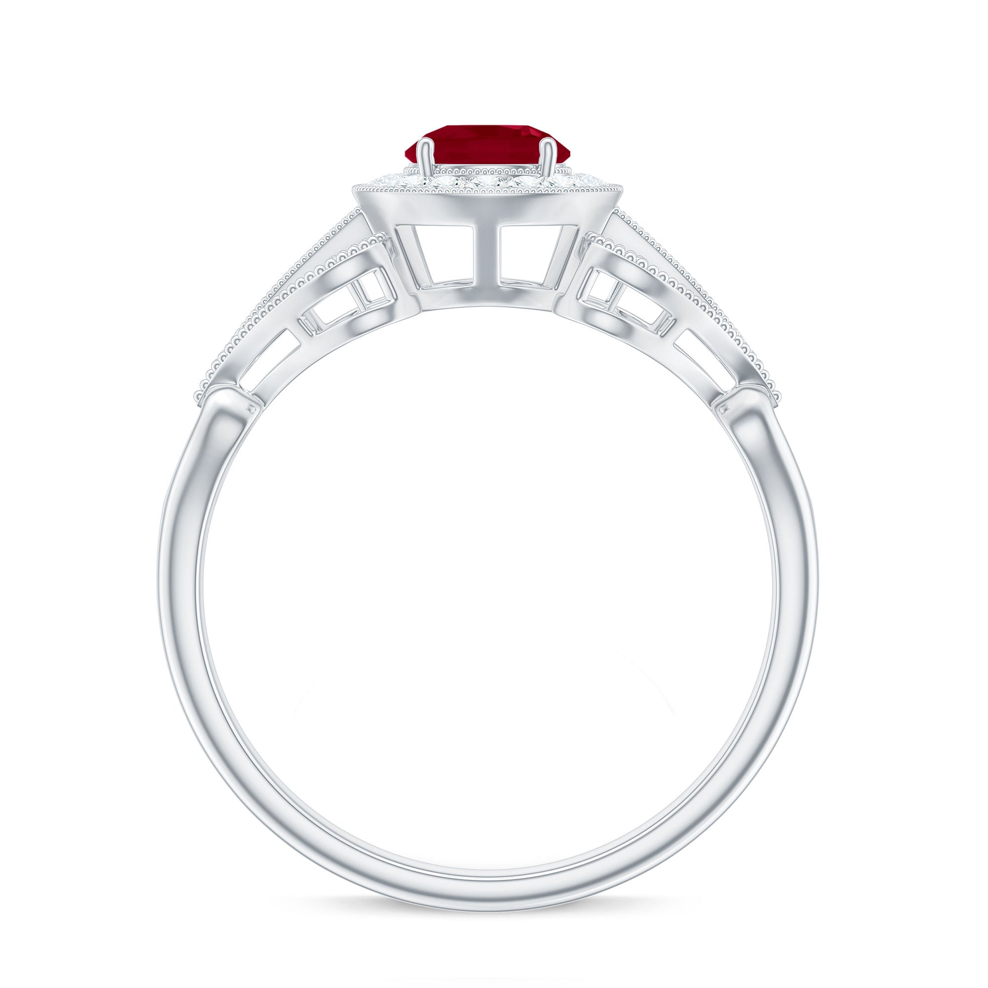 Natural 0.6 Carat Ruby Retro Engagement Ring with Diamond Halo