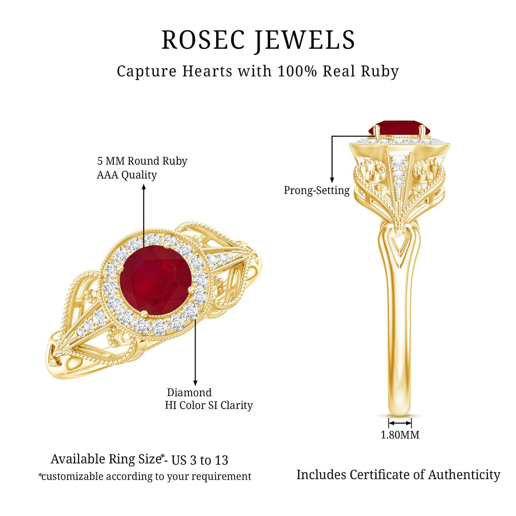 Natural 0.6 Carat Ruby Retro Engagement Ring with Diamond Halo