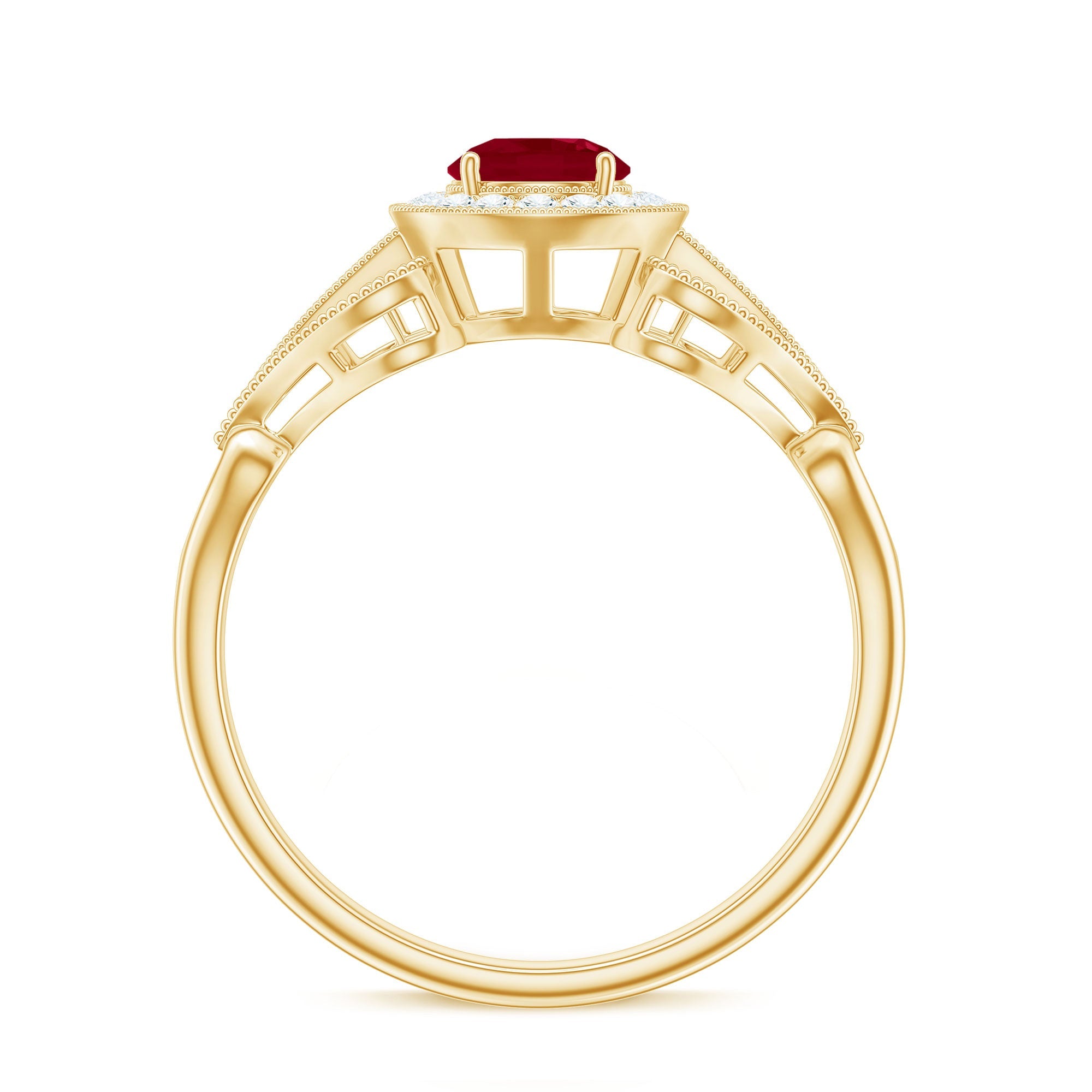 Natural 0.6 Carat Ruby Retro Engagement Ring with Diamond Halo