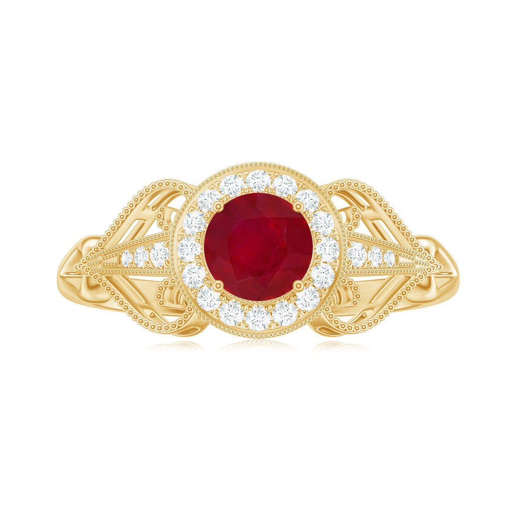 Natural 0.6 Carat Ruby Retro Engagement Ring with Diamond Halo