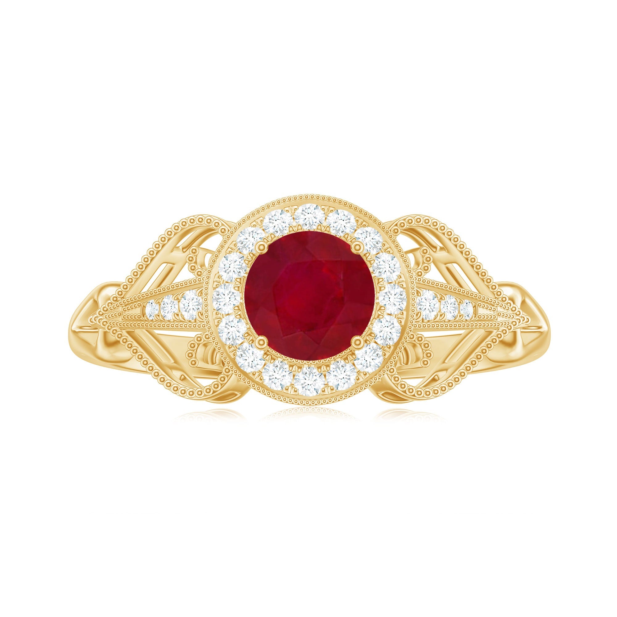 Natural 0.6 Carat Ruby Retro Engagement Ring with Diamond Halo