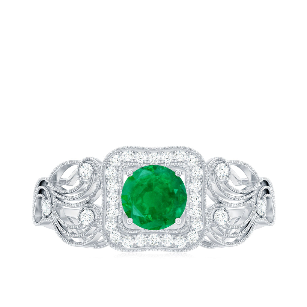 Vintage Looking Emerald Engagement Ring with Diamond Halo