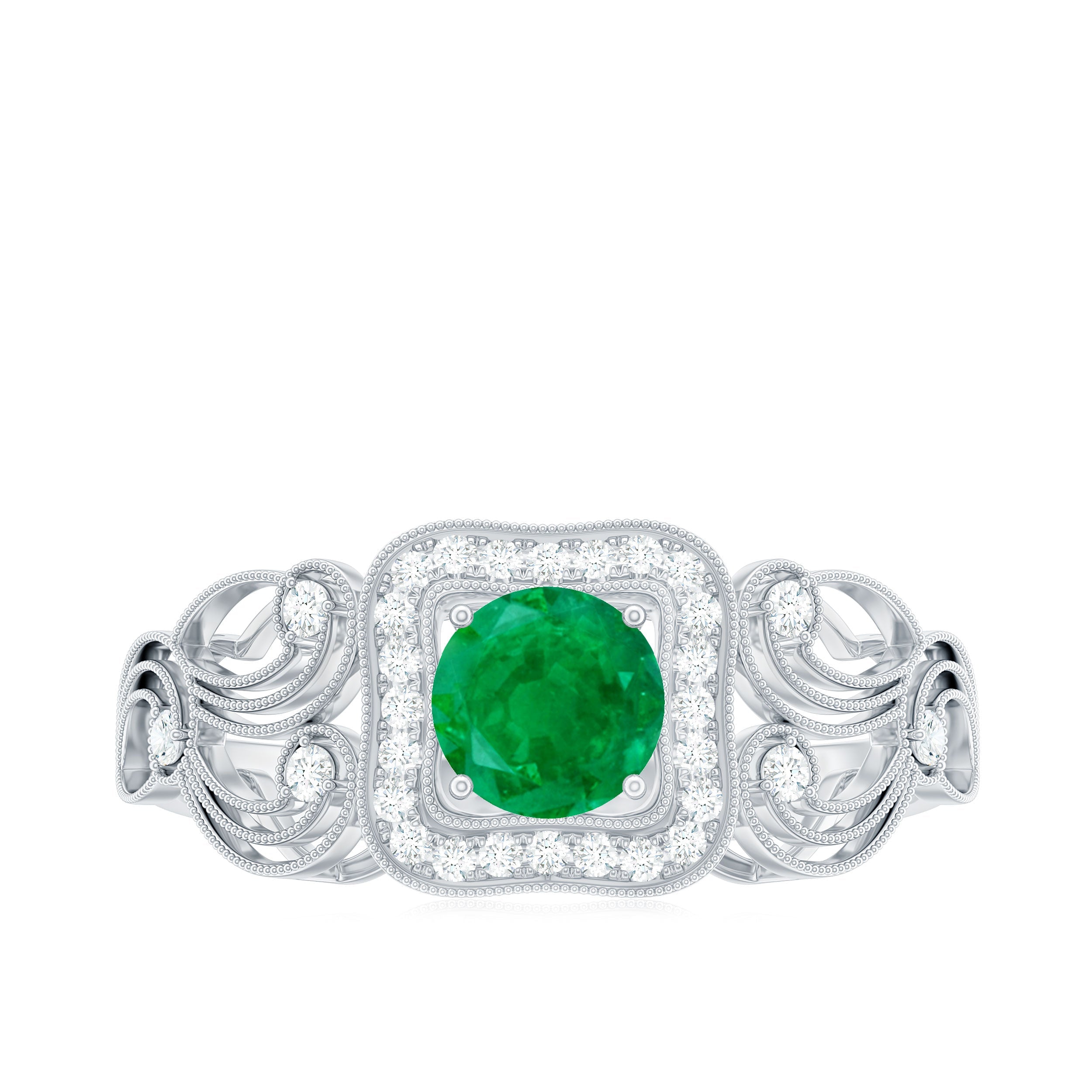 Vintage Looking Emerald Engagement Ring with Diamond Halo