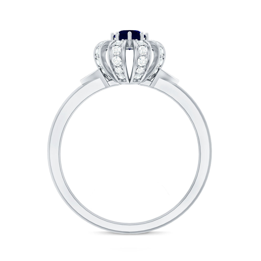 Real Blue Sapphire Flower Engagement Ring with Diamond