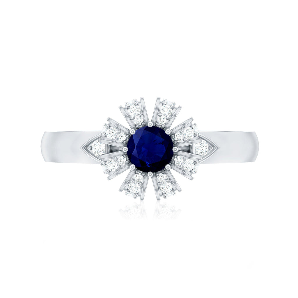 Real Blue Sapphire Flower Engagement Ring with Diamond