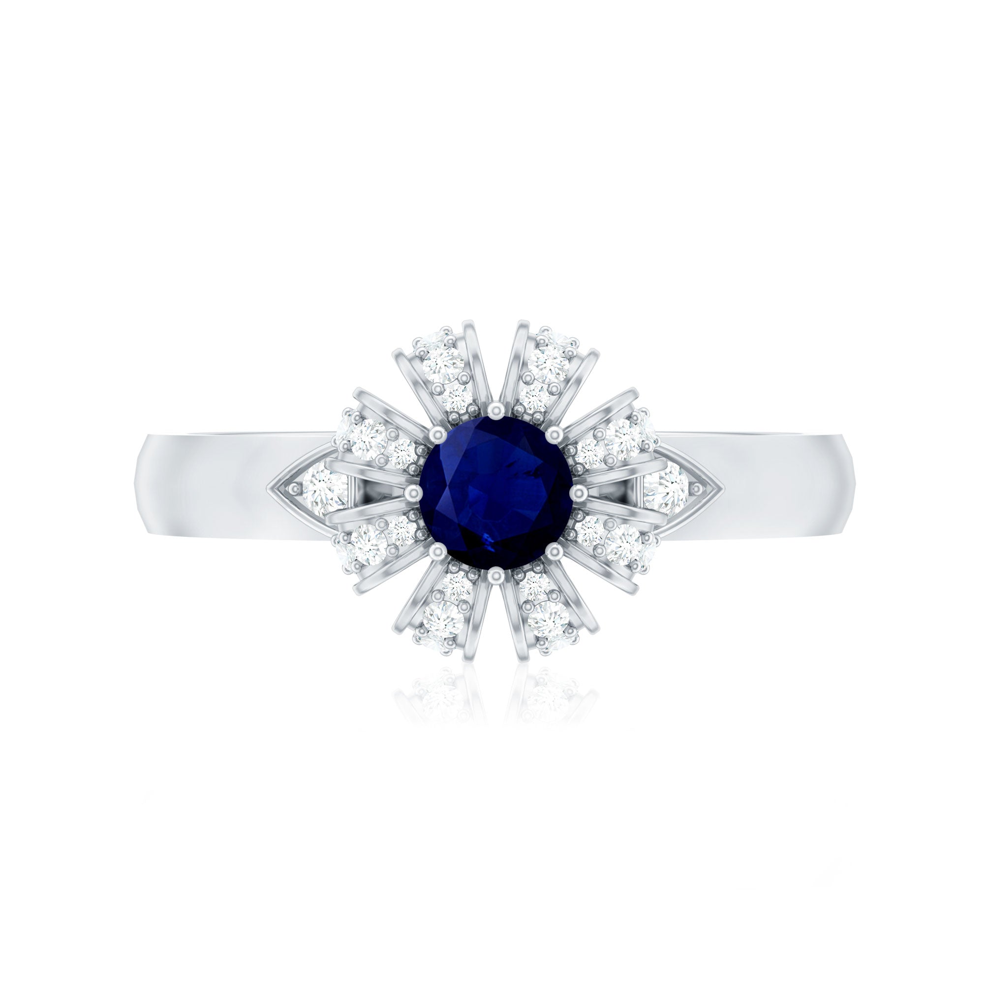 Real Blue Sapphire Flower Engagement Ring with Diamond