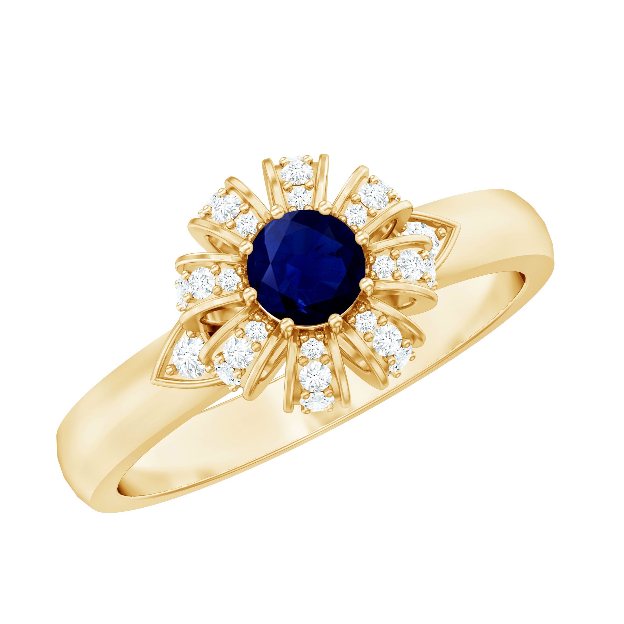 Real Blue Sapphire Flower Engagement Ring with Diamond