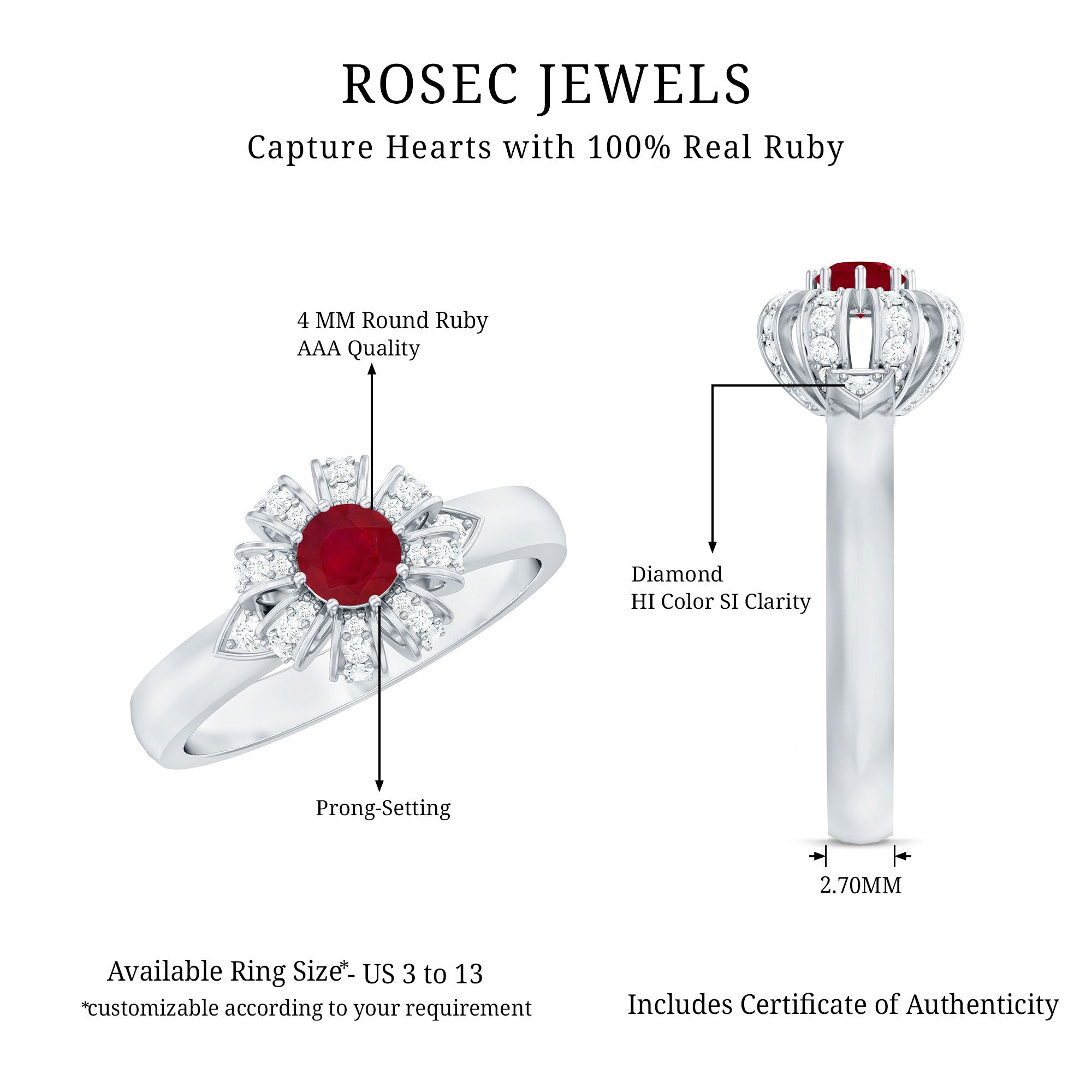 Natural Ruby Flower Engagement Ring with Diamond