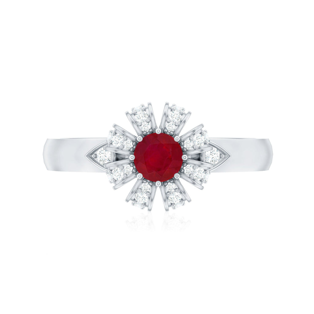 Natural Ruby Flower Engagement Ring with Diamond