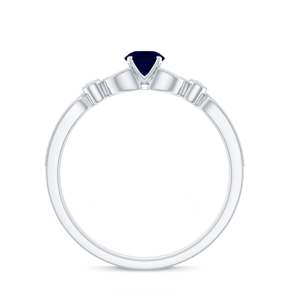 Vintage Inspired Blue Sapphire and Diamond Engagement Ring with Milgrain Details