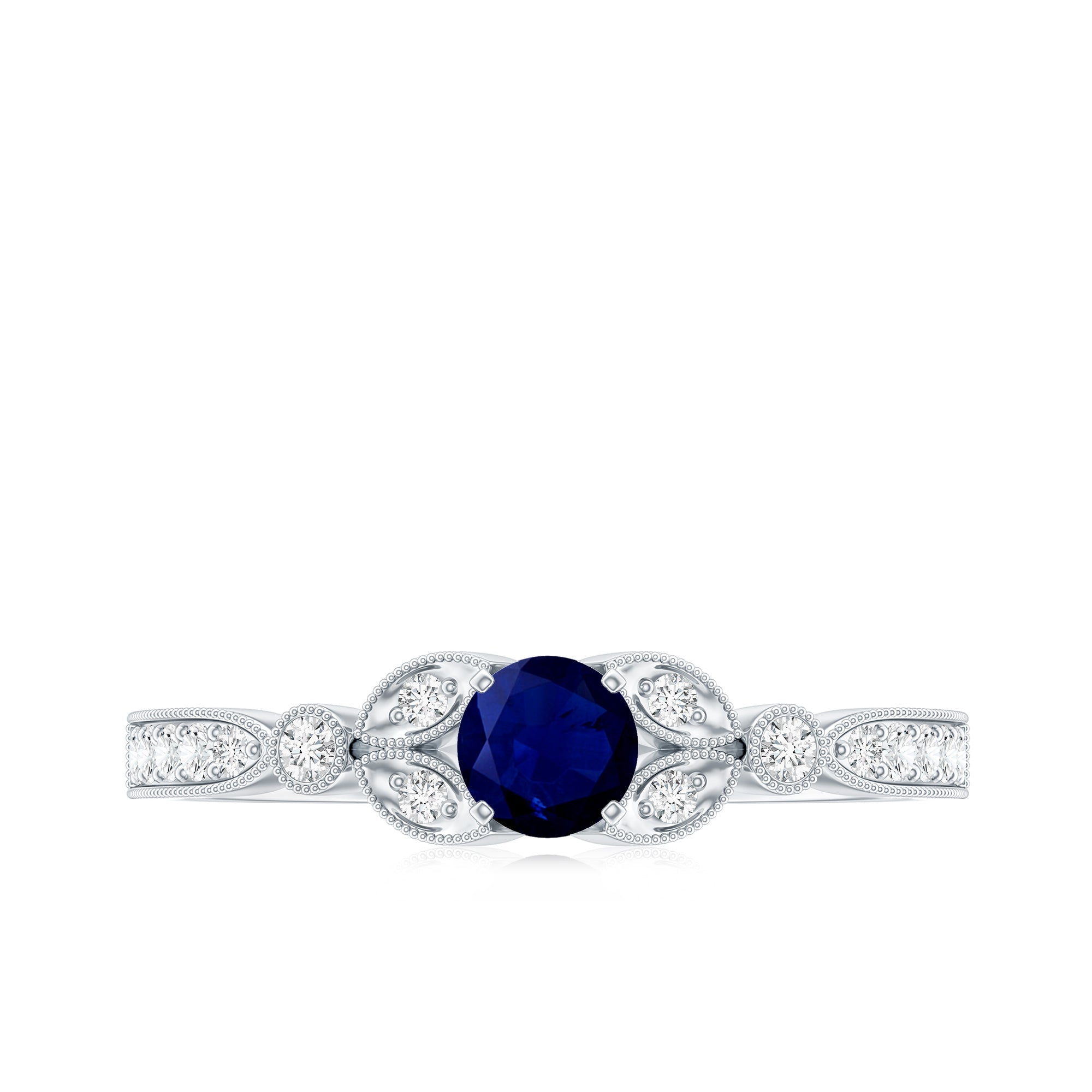 Vintage Inspired Blue Sapphire and Diamond Engagement Ring with Milgrain Details