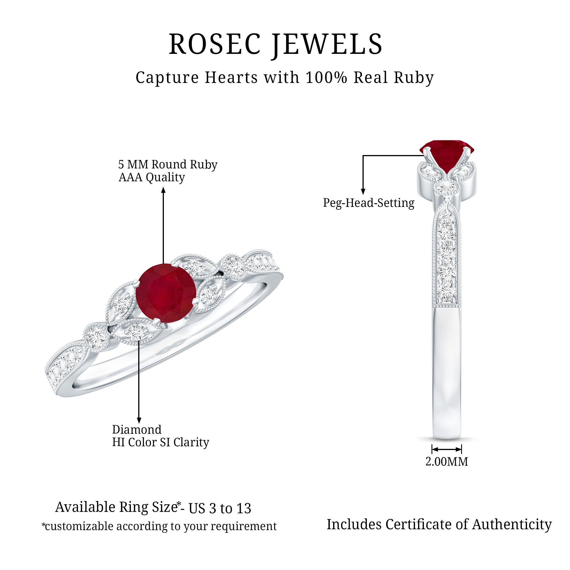Vintage Style 0.6 Carat Ruby Diamond Engagement Ring for Women