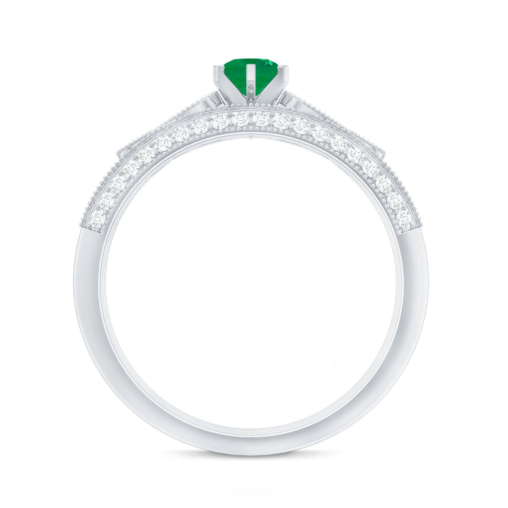 Vintage Inspired Emerald Wedding Bridal Ring Set with Diamond
