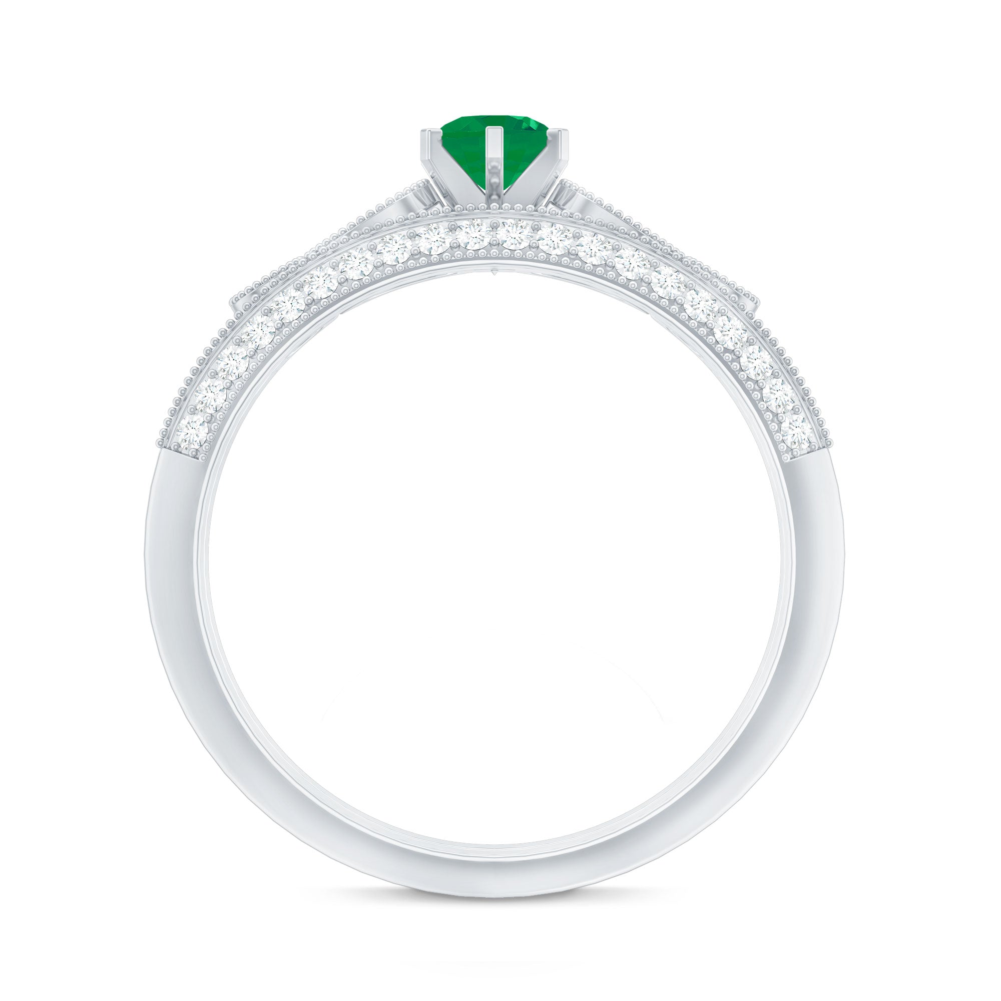 Vintage Inspired Emerald Wedding Bridal Ring Set with Diamond