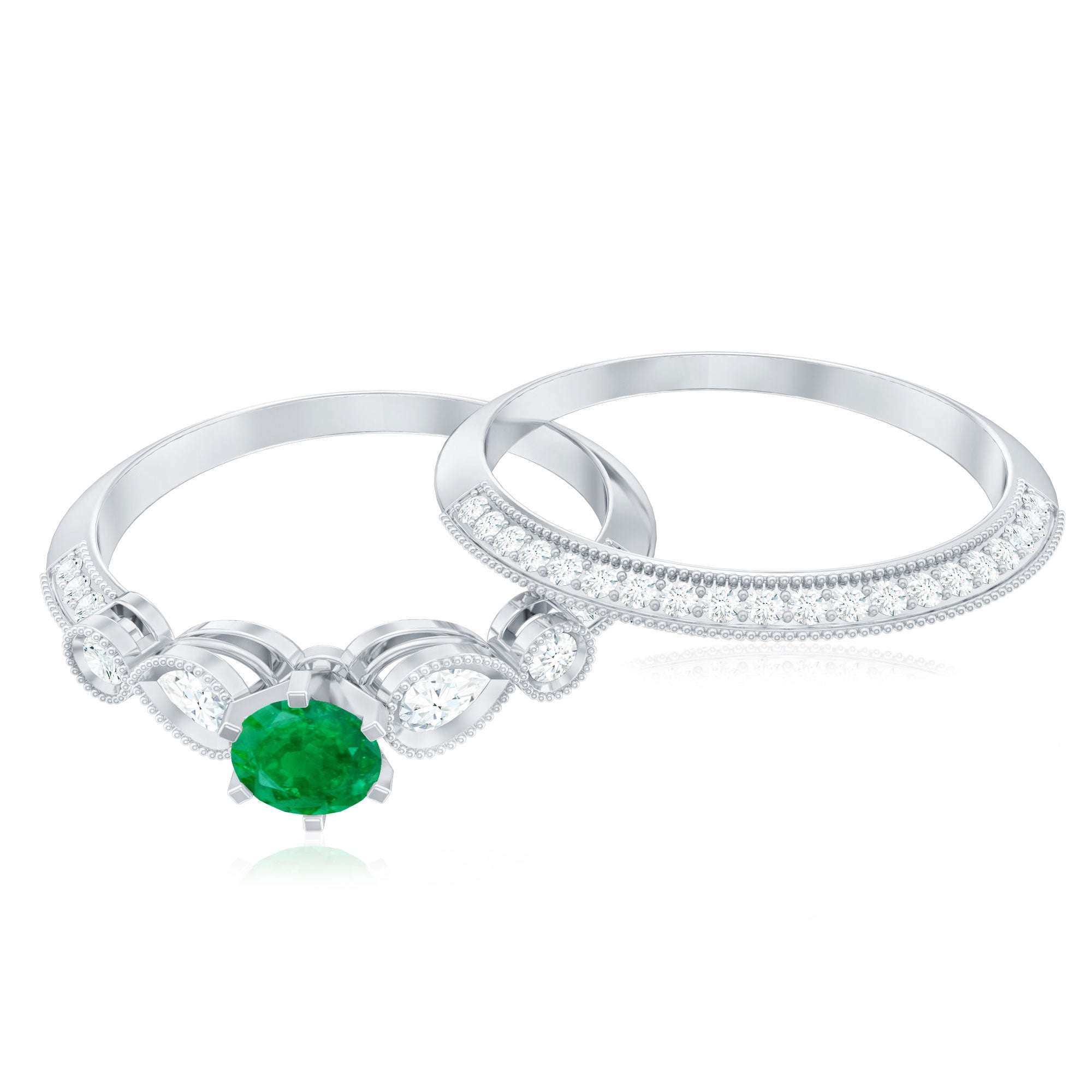 Vintage Inspired Emerald Wedding Bridal Ring Set with Diamond
