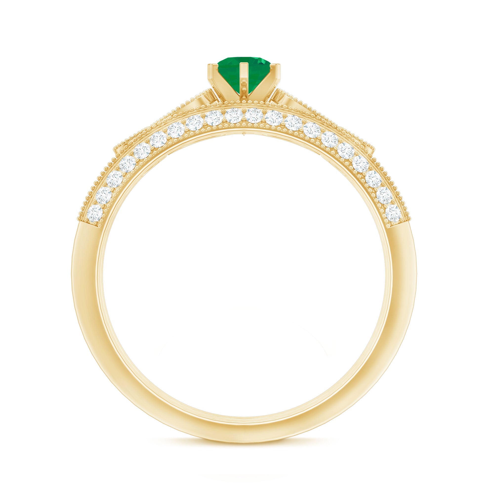 Vintage Inspired Emerald Wedding Bridal Ring Set with Diamond