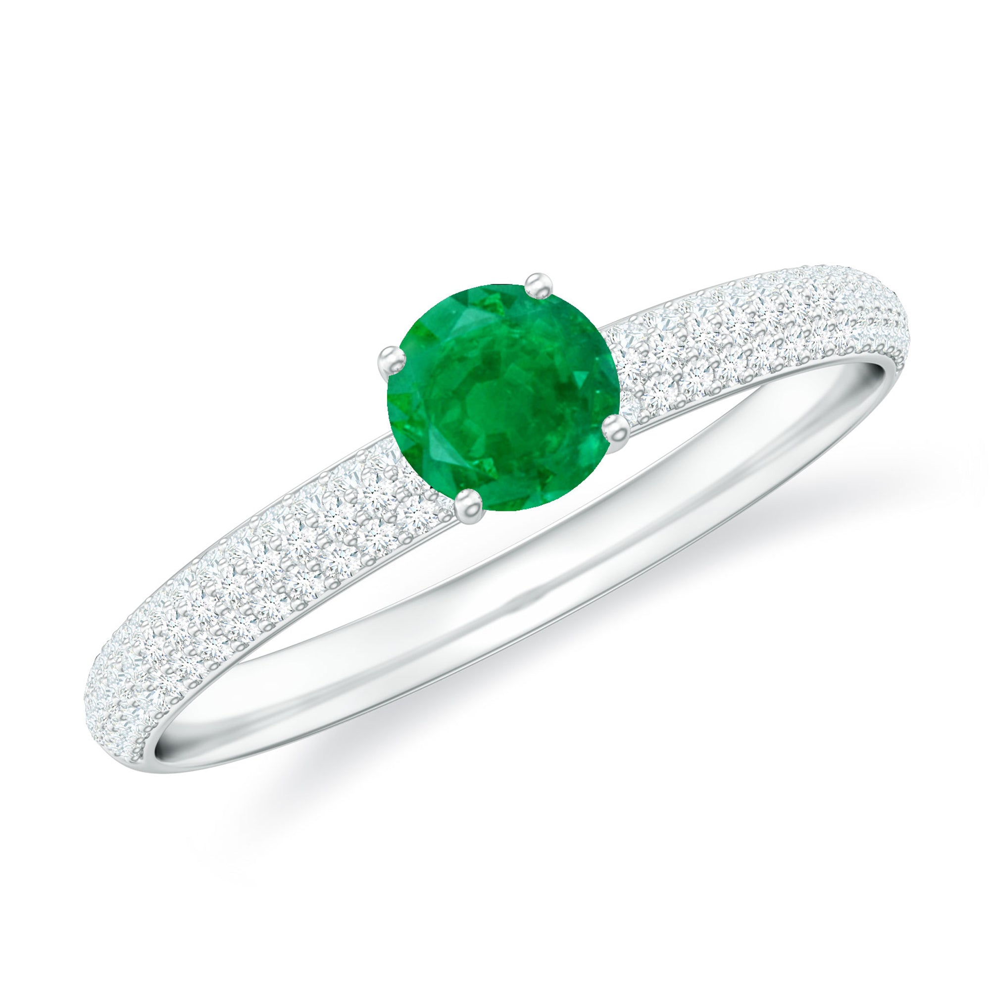 Classic Emerald Solitaire Engagement Ring with Real Diamond Side Stones