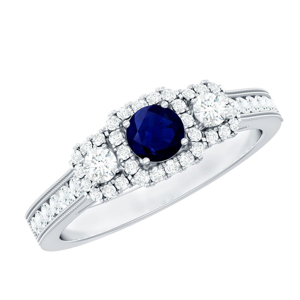 Vintage Inspired Blue Sapphire 3 Stone Engagement Ring with Diamond