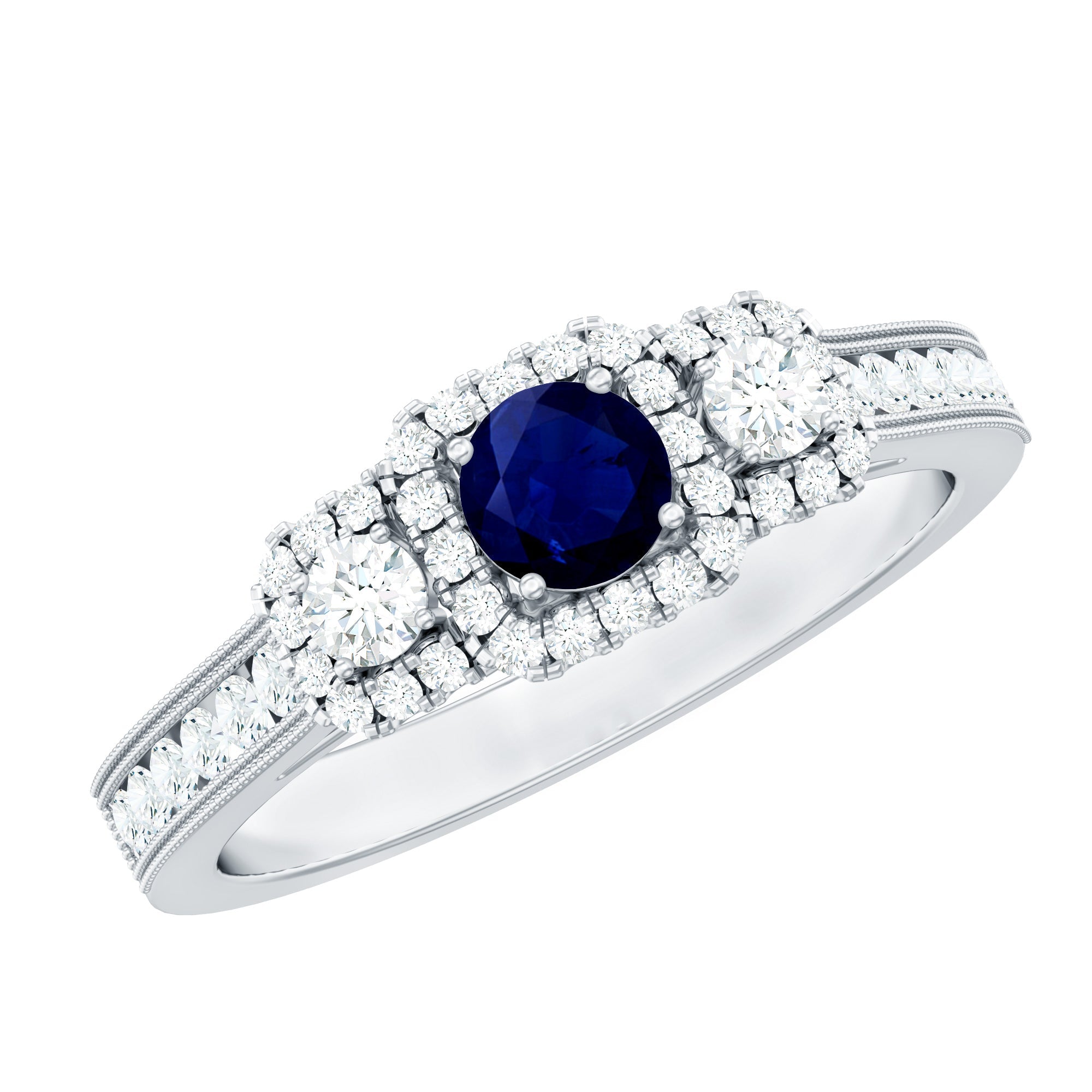 Vintage Inspired Blue Sapphire 3 Stone Engagement Ring with Diamond