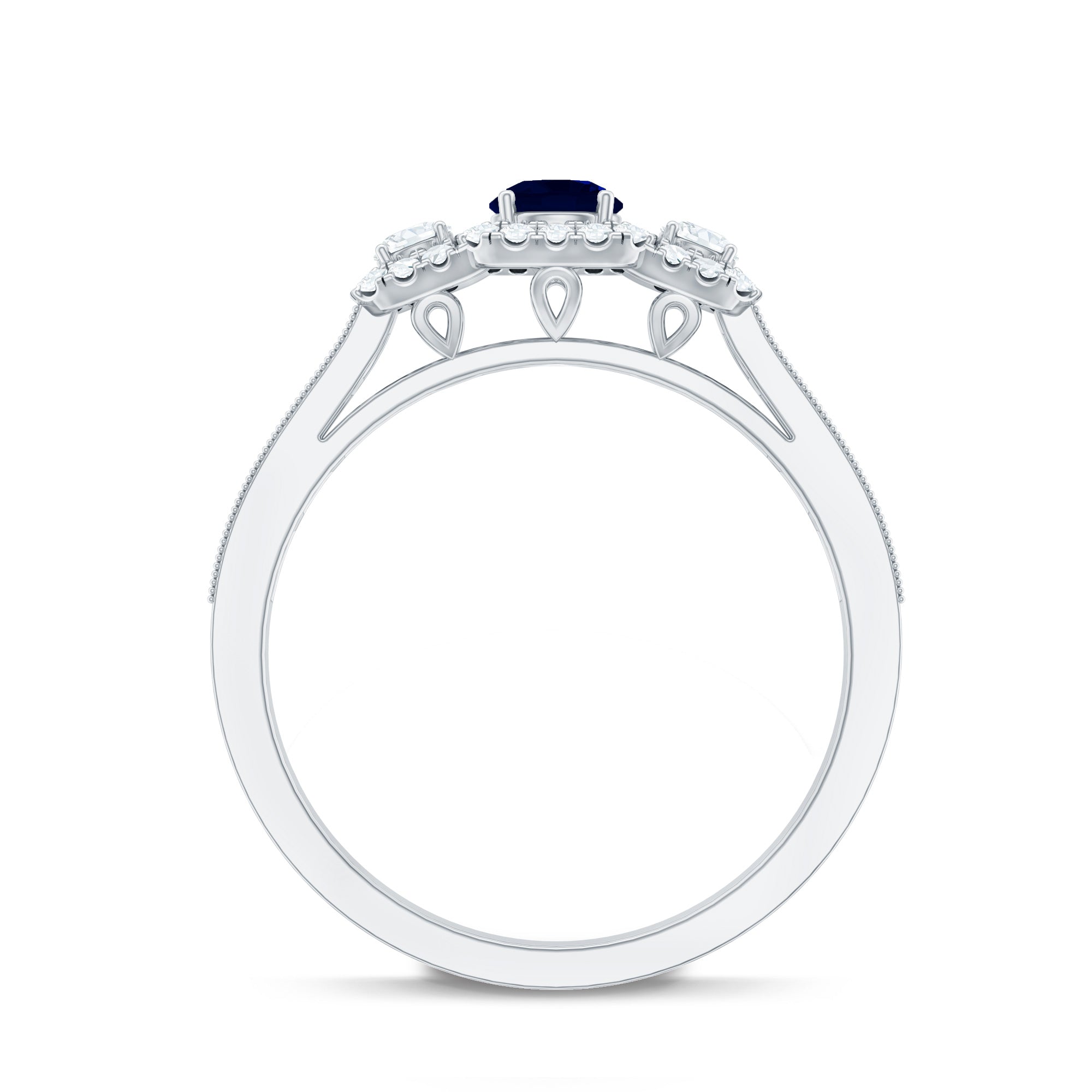 Vintage Inspired Blue Sapphire 3 Stone Engagement Ring with Diamond