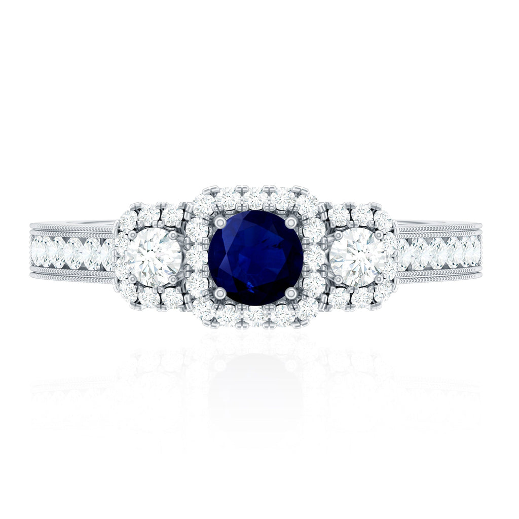 Vintage Inspired Blue Sapphire 3 Stone Engagement Ring with Diamond