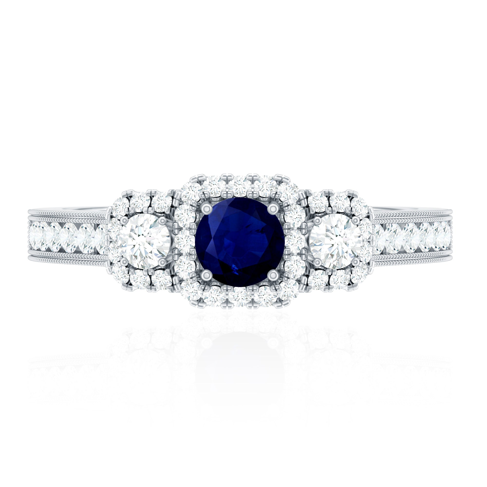 Vintage Inspired Blue Sapphire 3 Stone Engagement Ring with Diamond