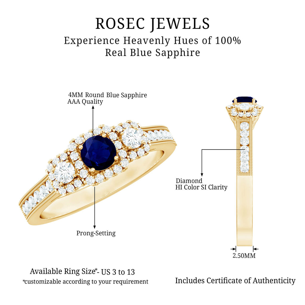 Vintage Inspired Blue Sapphire 3 Stone Engagement Ring with Diamond