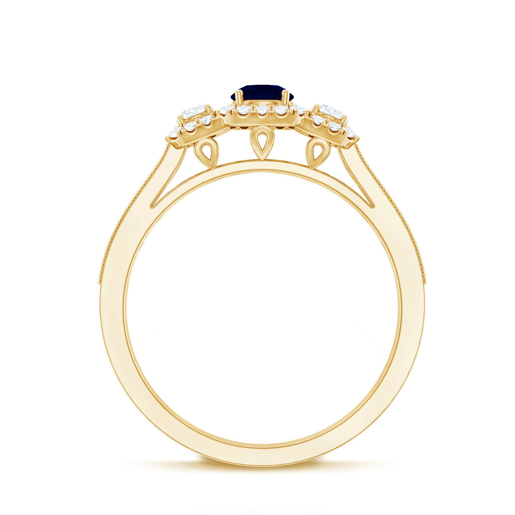 Vintage Inspired Blue Sapphire 3 Stone Engagement Ring with Diamond