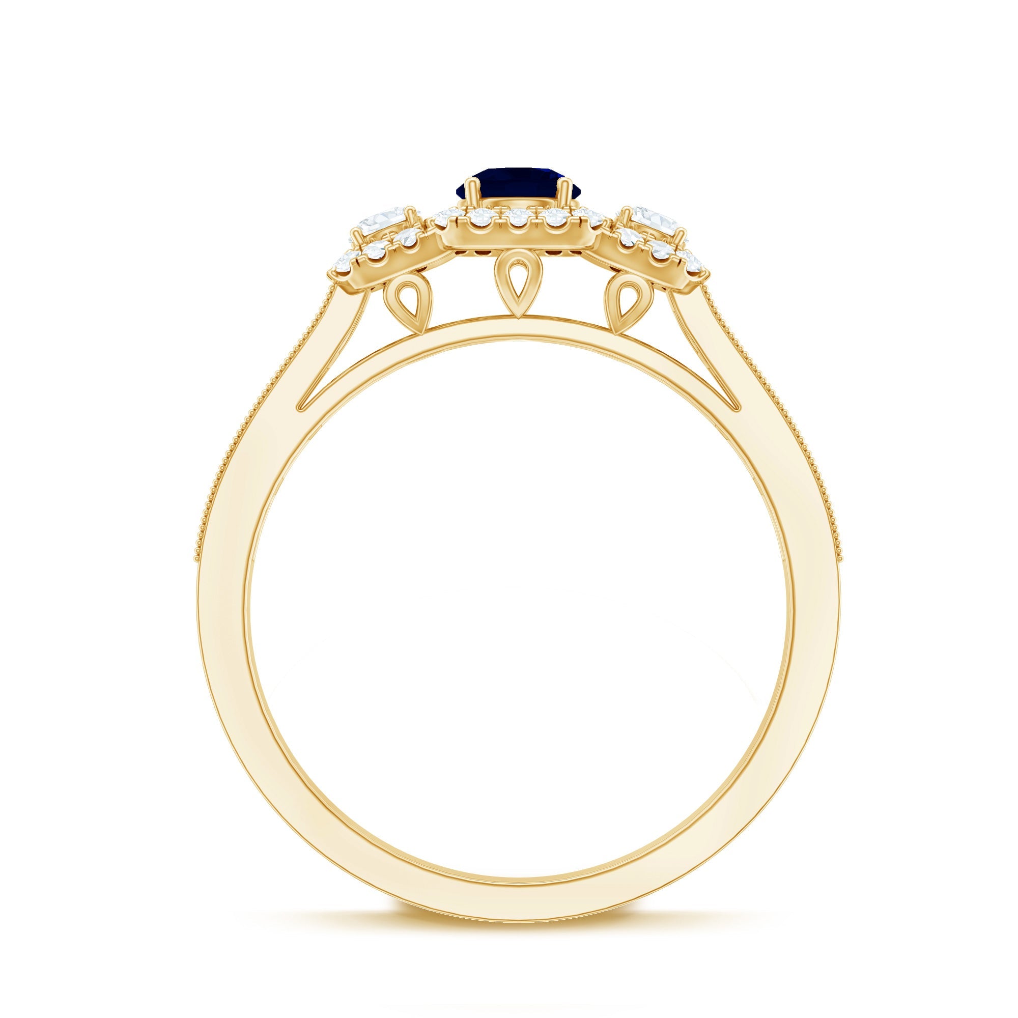 Vintage Inspired Blue Sapphire 3 Stone Engagement Ring with Diamond