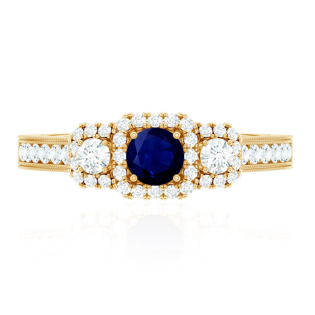 Vintage Inspired Blue Sapphire 3 Stone Engagement Ring with Diamond