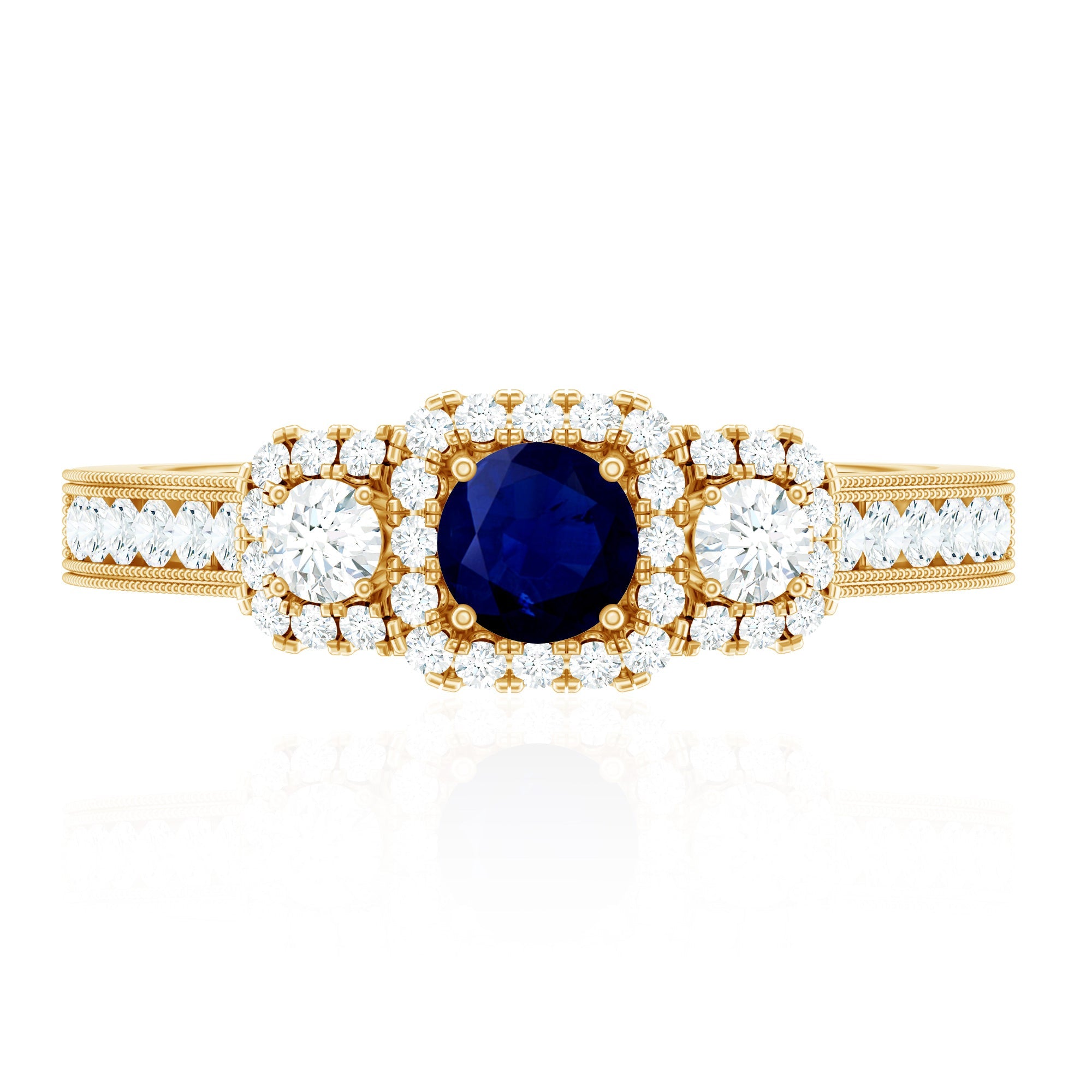 Vintage Inspired Blue Sapphire 3 Stone Engagement Ring with Diamond