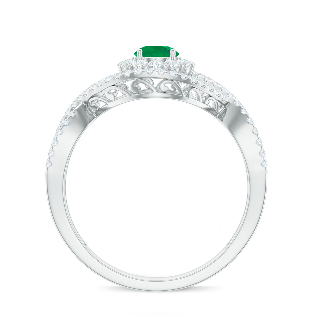 Natural Emerald Engagement Ring with Diamond Crossover Shank
