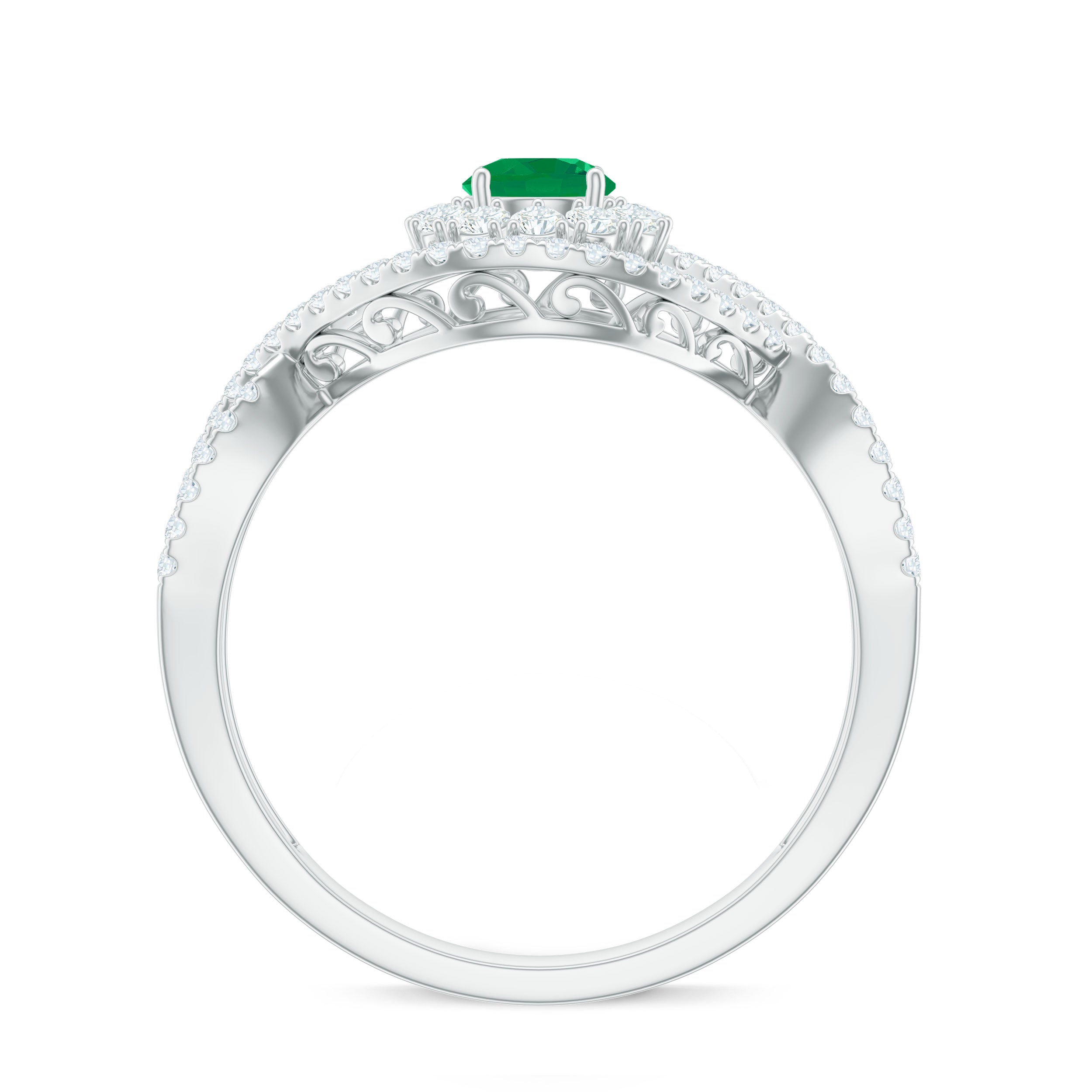 Natural Emerald Engagement Ring with Diamond Crossover Shank