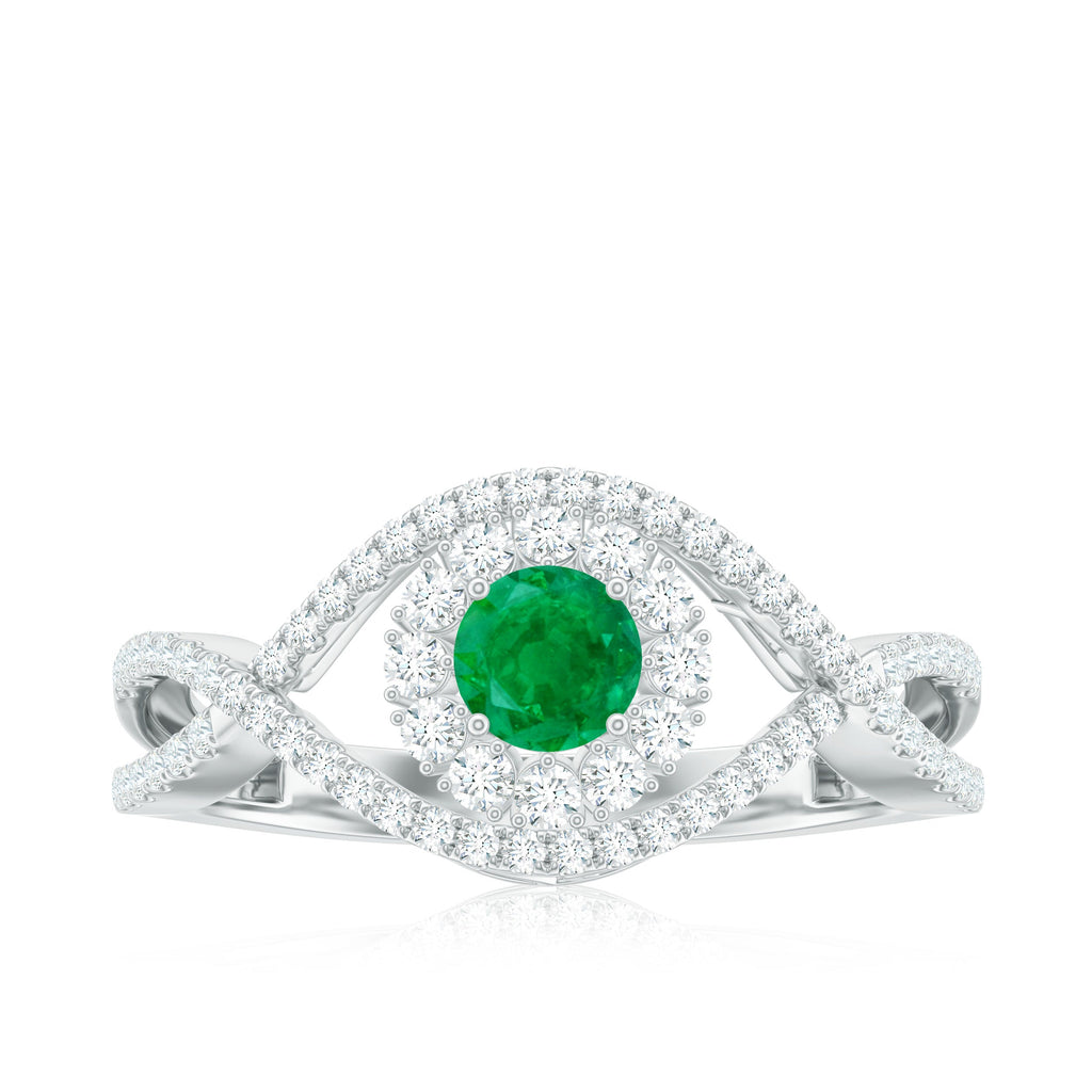 Natural Emerald Engagement Ring with Diamond Crossover Shank