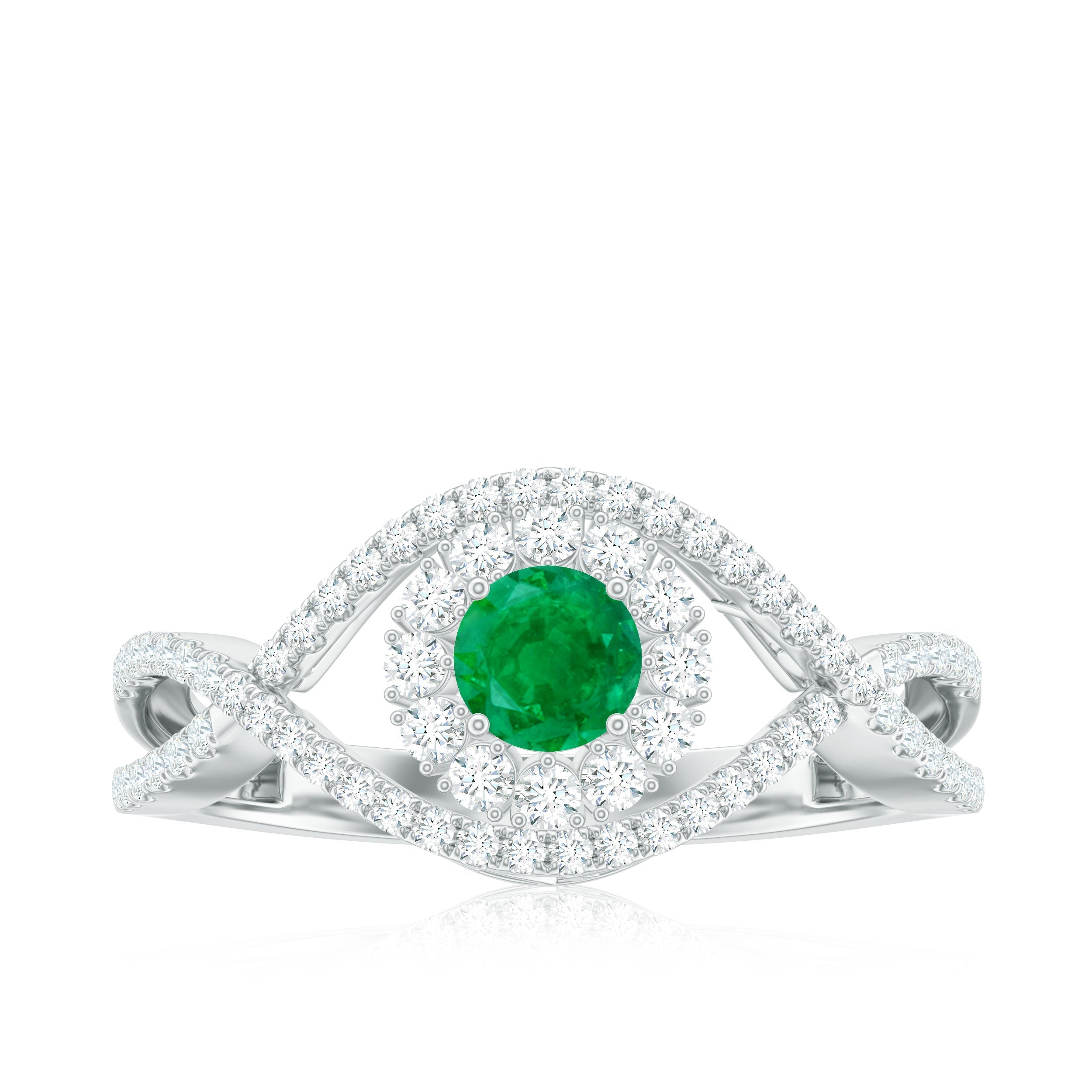Natural Emerald Engagement Ring with Diamond Crossover Shank